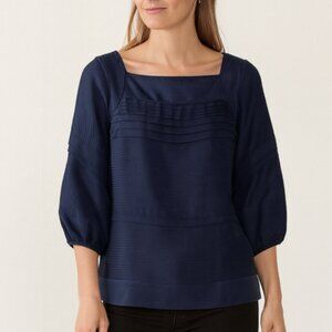 NWT Diane von Furstenberg 100% Silk Navy Blouse Size 6 Square Neck Puff Sleeve